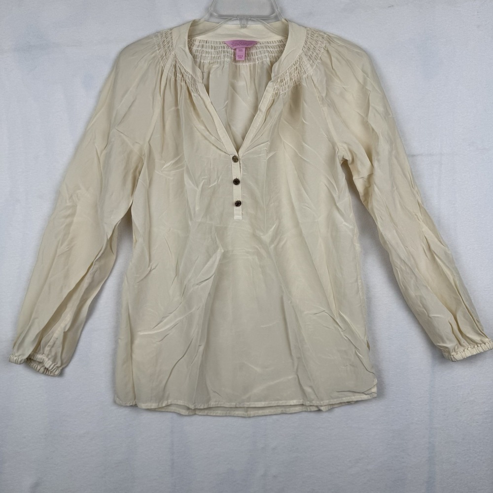 Lilly Pulitzer 100% Silk Ivory Camisole 1/3 Button Relaxed Sz‎ XXS Workwear